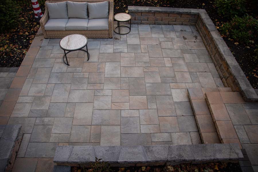 Aerial View of paver patio with furniture