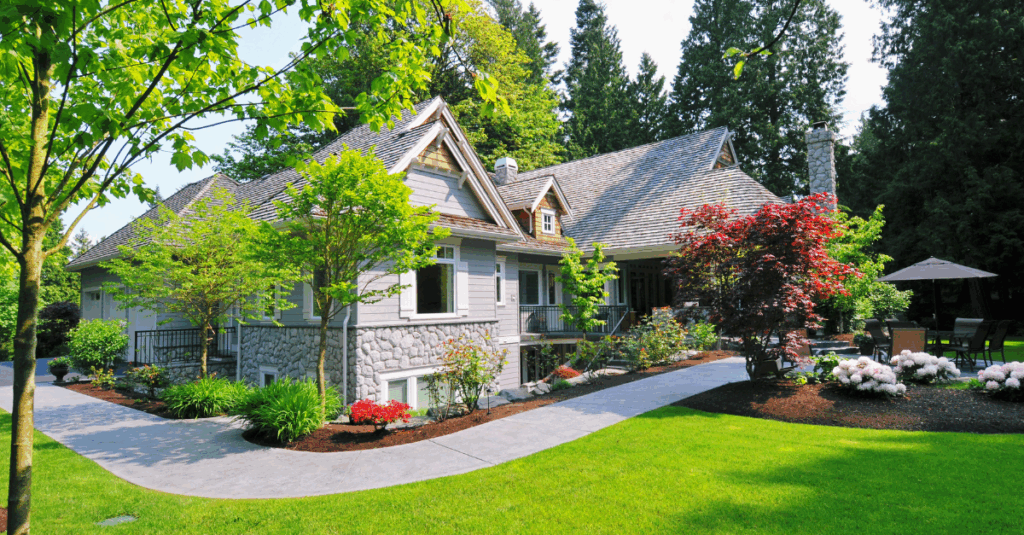 Shaded backyard with mature tree and lawn