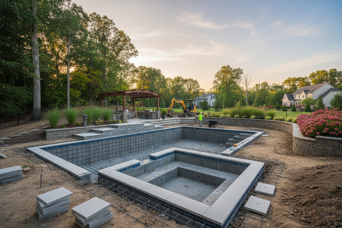 Progress photo of a luxury custom inground swimming pool build, featuring the intricate steel rebar structure and shaping of the pool and spa before gunite application.