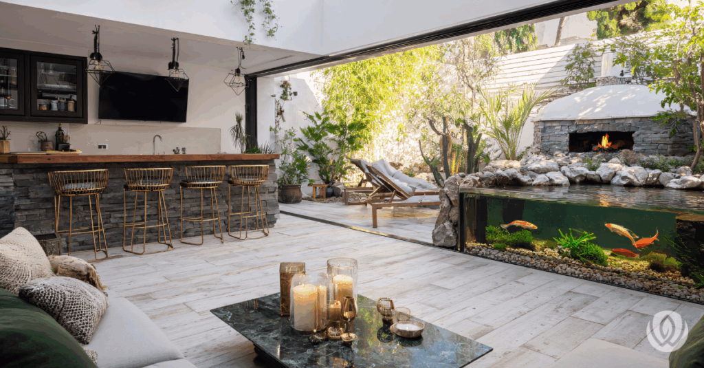 Outdoor bar with fireplace and water feature