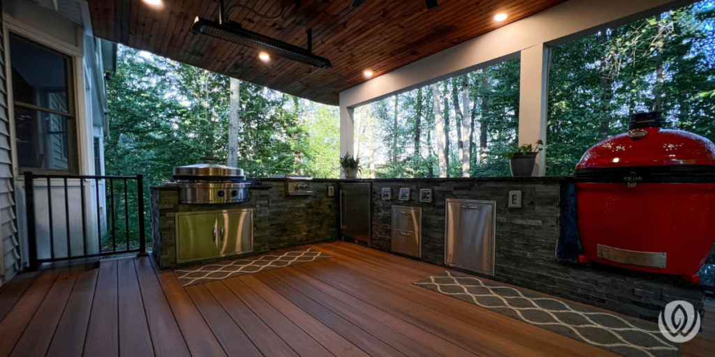 Backyard kitchen with built-in grill and stone counters